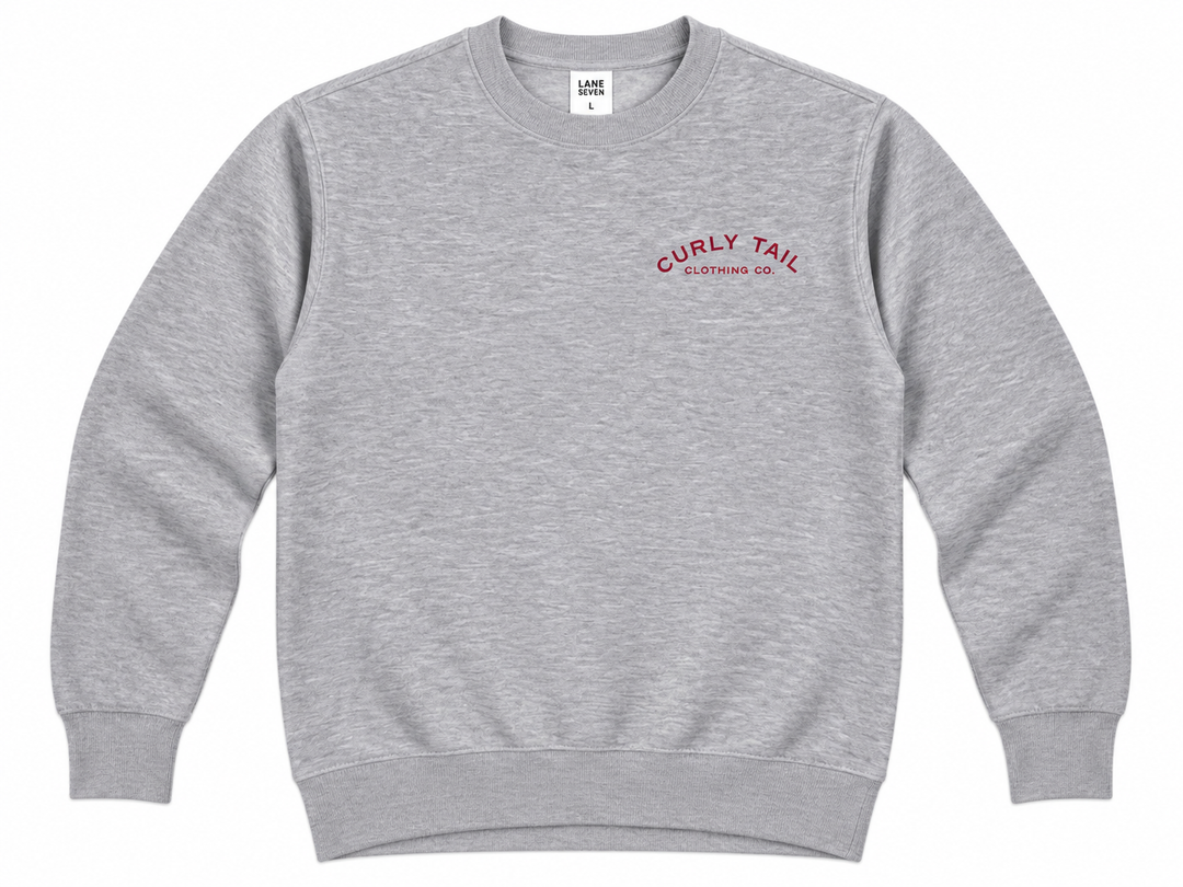 Red 'Curly Tail' Script Left Chest Crewneck Sweatshirt | Heather Grey