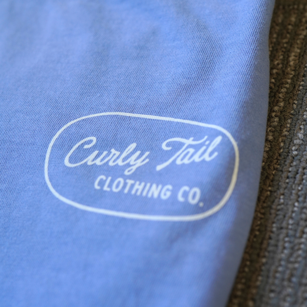 'Curly Tail' Script Heavyweight Tee Shirt | Washed Denim