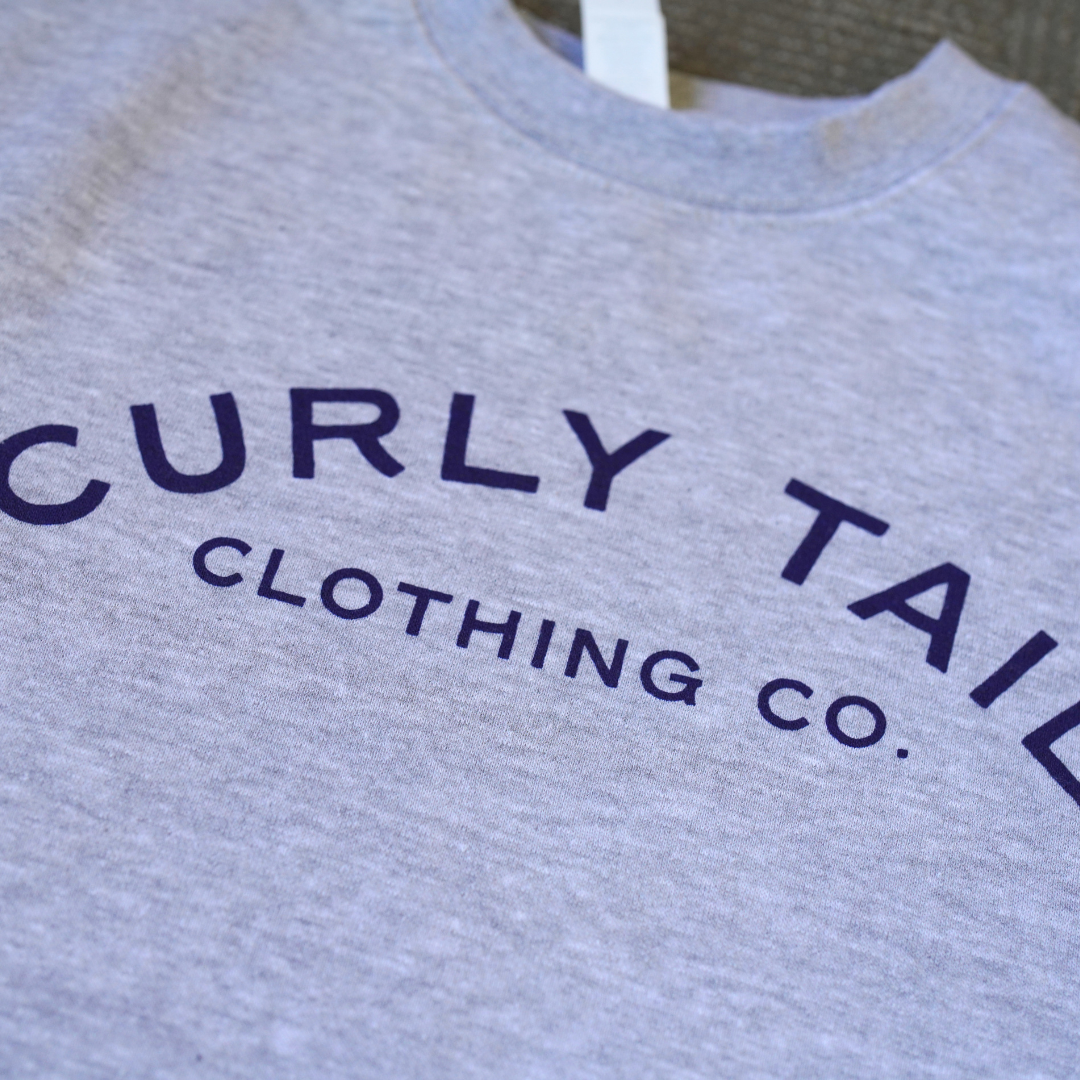 Blue 'Curly Tail' Script Center Chest Crewneck Sweatshirt | Heather Grey