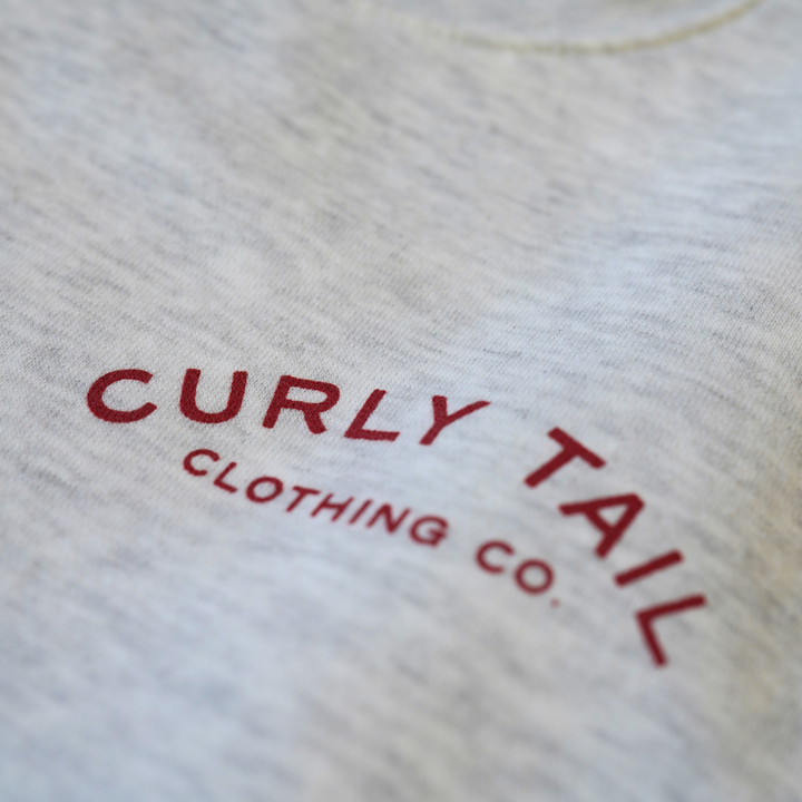 Red 'Curly Tail' Script Left Chest Crewneck Sweatshirt | Oatmeal Heather
