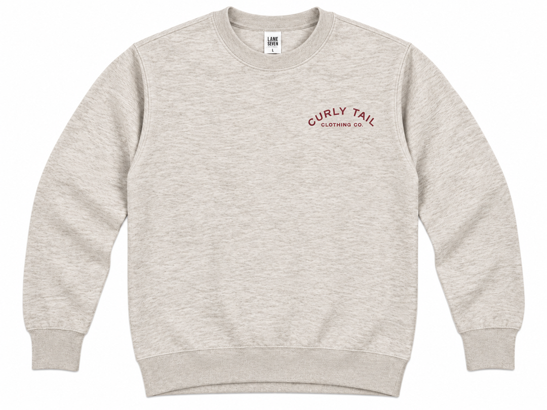 Red 'Curly Tail' Script Left Chest Crewneck Sweatshirt | Oatmeal Heather