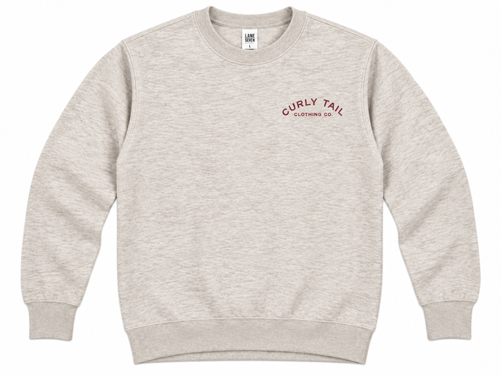 Red 'Curly Tail' Script Left Chest Crewneck Sweatshirt | Oatmeal Heather