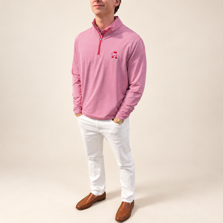 Hog in Front of A Perth Stripe 1/4 Zip|  Crimson/White