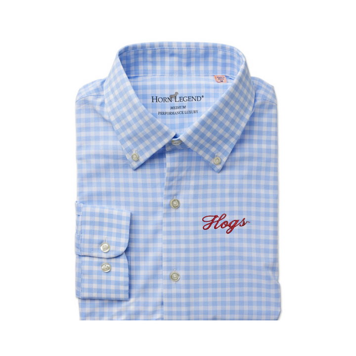 Horn Legend Hogs Script Button Up Shirt | White / Sky